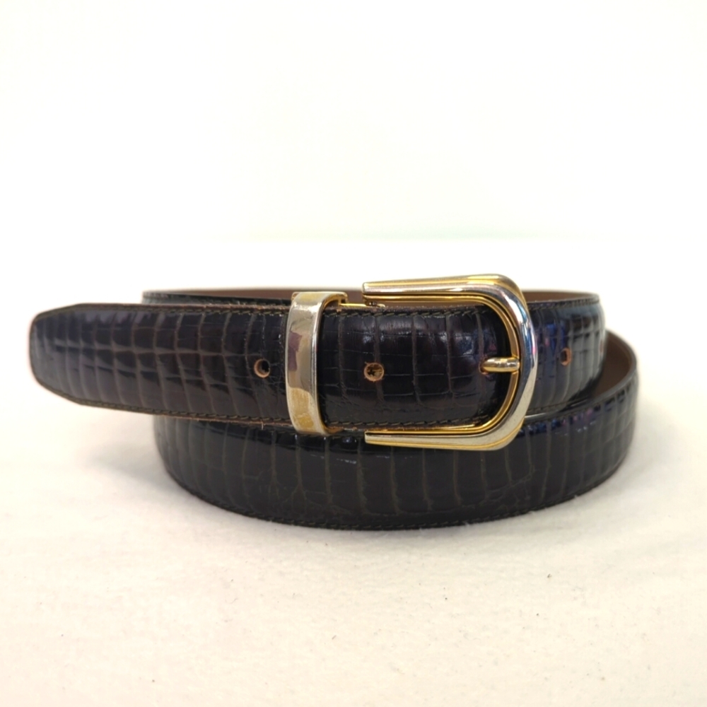 AVANTI Genuine Leather Size L Black Croc Embossed Belt Gold Buckle Made in Italy